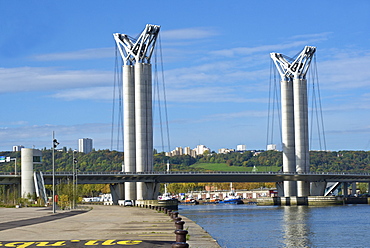 Flaubert Bridge and Rouen skyline, with River Seine, left bank quays, Rouen, Upper Normandy, France, Europe