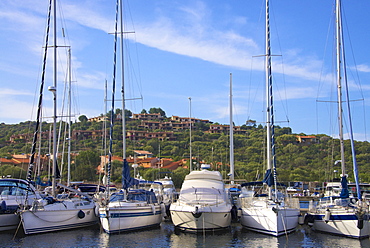 Marina and perched village, Ottiolu harbour, Costa Degli Oleandri, Sardinia, Italy, Mediterranean, Europe