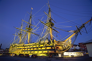 HMS Victory at night, Portsmouth Dockyard, Portsmouth, Hampshire, England, United Kingdom, Europe