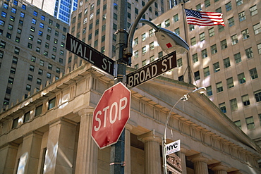 Stop sign at junction of Wall Street and Broad Street, New York City, United States of America, North America