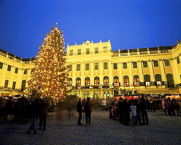 Christmas tree in front of Schonbrunn Palace at dusk, UNESCO World Heritage Site, Vienna, Austria, Europe