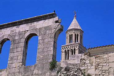 Old city wall and cathedral tower, Diocletian Palace, UNESCO World Heritage Site, Split, Croatia, Europe