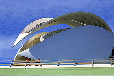 People on bridge, Palace of Arts, City of Arts and Sciences, Valencia, Spain, Europe