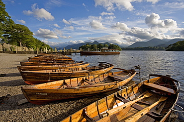 Boats moored at Derwentwater, Lake District National Park, Cumbria, England, United Kingdom, Europe