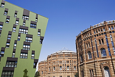 Green residential apartments and converted gasometers, Gasometer City, Simmering, Vienna, Austria, Europe