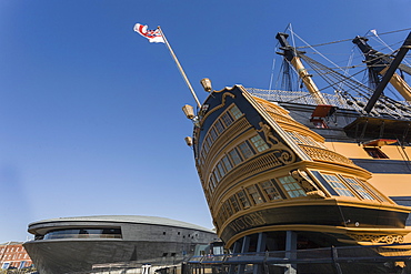 HMS Victory and the new Mary Rose Museum, HM Naval Base, Portsmouth Historic Dockyard, Portsmouth, Hampshire, England, United Kingdom, Europe