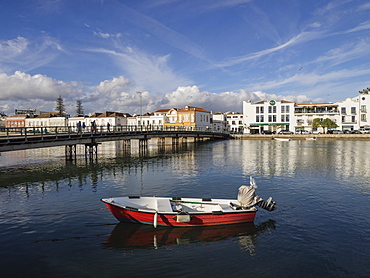 Boat and Pedestrian Bridge, River Gilao,Tavira, Algarve, Portugal, Europe