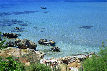 Rocks and sea, Frangokastello, Crete, Greek Islands, Greece, Europe