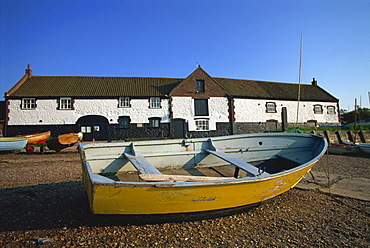 Boat and boathouse, Burnham Overy Staithe, Norfolk, England, United Kingdom, Europe