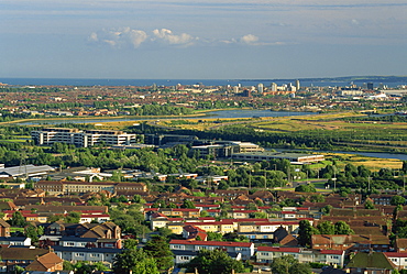 Aerial view from Portsdown Hill of city and outskirts, Portsmouth, Hampshire, England, United Kingdom, Europe