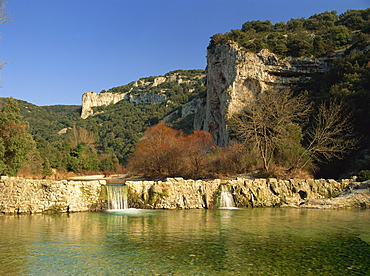 Landscape of the River Ibe near Pont de l'Arc in the Ardeche, Rhone Alpes, France, Europe