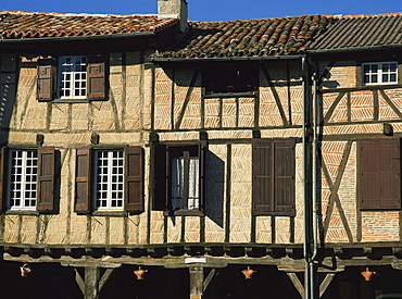 Exterior of timber framed houses with shutters, in Lautrec in Tarn, Midi-Pyrenees France, Europe