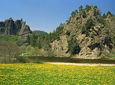 The River Loire in spring with wild flowers on bank and cliffs behind, near Arlempdes, Haute Loire in the Auvergne, France, Europe