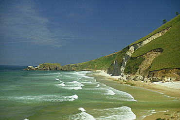 Almost deserted beach on the coast near Gijon in Asturias, Spain, Europe