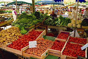 Vegetables including carrots, tomatoes and lettuce, for sale on market day at Euze, Gascoigne (Gascony), Midi-Pyrenees, France, Europe