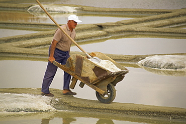 Man pushing wheelbarrow in the salt pans near Guerande in Western Loire, France, Europe