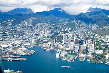 Aerial view of Honolulu and Waikiki, Oahu, Hawaii, United States of America, Pacific, North America