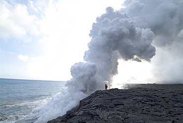 Plumes of steam where the lava reaches the sea, Kilauea Volcano, Hawaii Volcanoes National Park, UNESCO World Heritage Site, Island of Hawaii (Big Island), Hawaii, United States of America, Pacific, North America