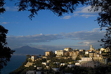 View over the town of Vico Equense, with Mount Vesuvius behind, near Naples, Campania, Italy, Mediterranean, Europe