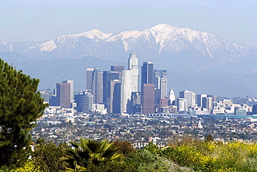 View of downtown Los Angeles looking towards San Bernardino Mountains, California, United States of America, North America