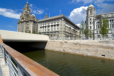 The new link between the Leeds and Liverpool canals, in front of the Three Graces, Liverpool, Merseyside, England, United Kingdom, Europe