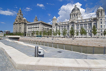 Riverfront with the Three Graces, Liver, Cunard and Port of Liverpool Buildings, Liverpool, Merseyside, England, United Kingdom, Europe