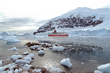 Cruise ship moored at Neko Harbor, Antarctica, Polar Regions