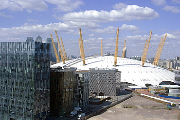 View from the Emirates Air-line looking over the O2, London, SE10, England, United Kingdom, Europe