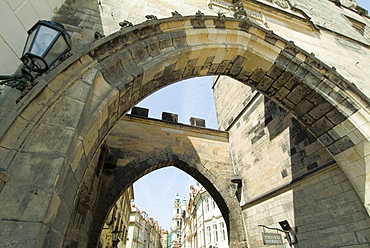 End of Charles Bridge looking towards Mala Strana, Prague, Czech Republic, Europe