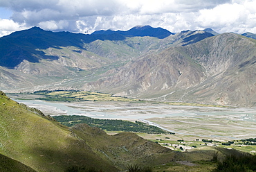 View of Tibetan plateau, from Ganden Monastery, near Lhasa, Tibet, China, Asia