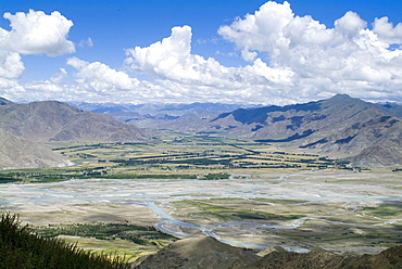 View of Tibetan plateau, from Ganden Monastery, near Lhasa, Tibet, China, Asia