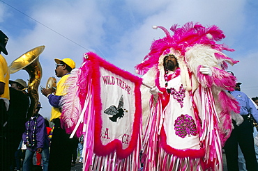 African American in Native American costume, Mardi Gras, New Orleans, Louisiana, United States of America, North America