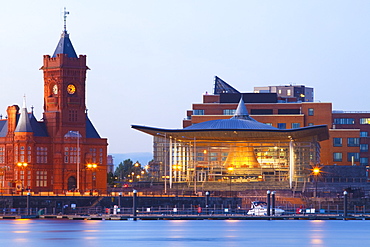 The Senedd (Welsh National Assembly Building) and Pier Head Building, Cardiff Bay, Cardiff, South Wales, Wales, United Kingdom, Europe