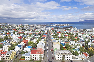 City centre and Faxafloi bay from Hallgrimskirkja, Reykjavik, Iceland, Polar Regions