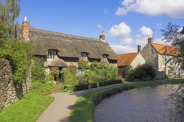 Picturesque thatched cottage at Thornton-le-Dale, North Yorkshire Moors National Park, Yorkshire, England, United Kingdom, Europe