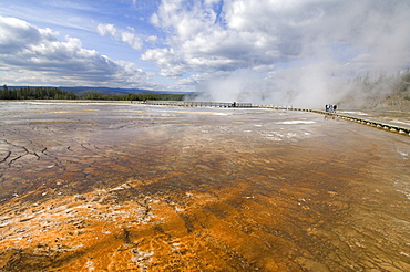 Tourists on boardwalk over the mineral runoff from Grand Prismatic Spring, Midway Geyser Basin, Yellowstone National Park, UNESCO World Heritage Site, Wyoming, United States of America, North America