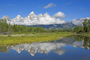 The Cathedral Group of Mount Teewinot, Mount Owen and Grand Teton from the Snake River at Schwabacher's Landing, Grand Teton National Park, Wyoming, United States of America, North America