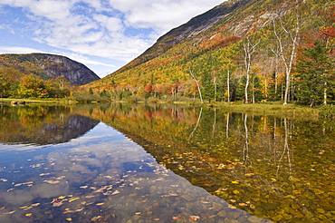 Autumn colours reflected in the Willey Pond, Crawford Notch State Park route 302, White Mountains, New Hampshire, New England, United States of America, North America