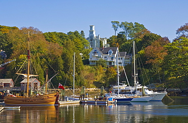 Yachts moored in Rockport harbour, Maine, United States of America, North America