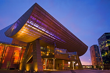 The Lowry Centre illuminated in the early evening, Salford Quays, Greater Manchester, England, United Kingdom, Europe