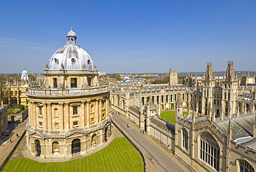 The dome of the Radcliffe Camera, walls of All Souls College, and rooftops of the university city, Oxford, Oxfordshire, England, United Kingdom, Europe