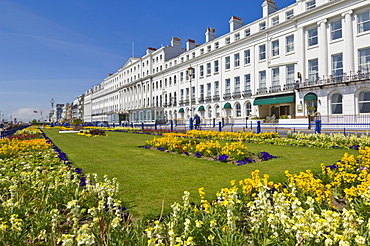 Hotels on the seafront promenade, flower filled gardens, Eastbourne, East Sussex, England, United Kingdom, Europe