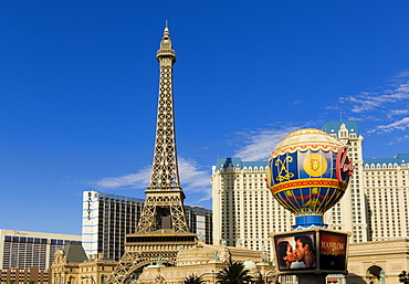 Paris Hotel with the half-size Eiffel Tower and a sign like the Montgolfier balloon, Bally's Hotel and the Flamingo Hotel behind, The Strip, Las Vegas Boulevard South, Las Vegas, Nevada, United States of America, North America