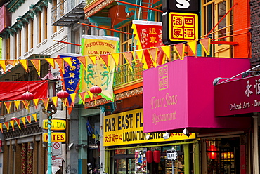 Colourful flags, banners and shopfronts in Chinatown, San Francisco, California, United States of America, North America