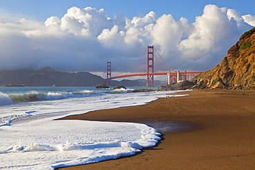 The Golden Gate Bridge, linking the city of San Francisco with Marin County, taken from Baker Beach, San Francisco, California, United States of America, North America