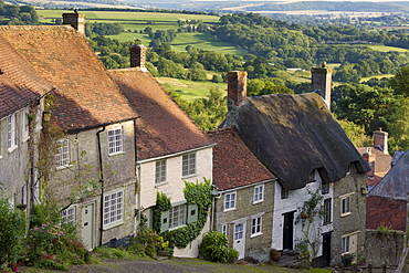 Gold Hill, and view over Blackmore Vale, Shaftesbury, Dorset, England, United Kingdom, Europe