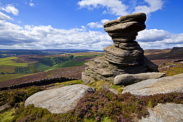 Salt Cellar Rock, Derwent Edge, with purple heather moorland, Peak District National Park, Derbyshire, England, United Kingdom, Europe