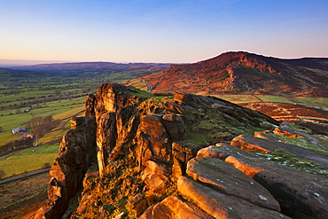 Winter sunset on the gritstone rock formations of Hen Cloud in the Roaches, Staffordshire, England, United Kingdom, Europe