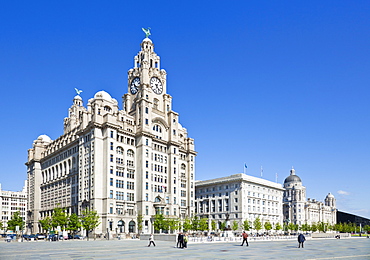 Three Graces buildings, Pierhead, Liverpool waterfront, Liverpool, Merseyside, England, United Kingdom, Europe