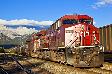 Canadian Pacific freight train locomotive at Banff station, Banff National Park, Canadian Rockies, Alberta, Canada, North America